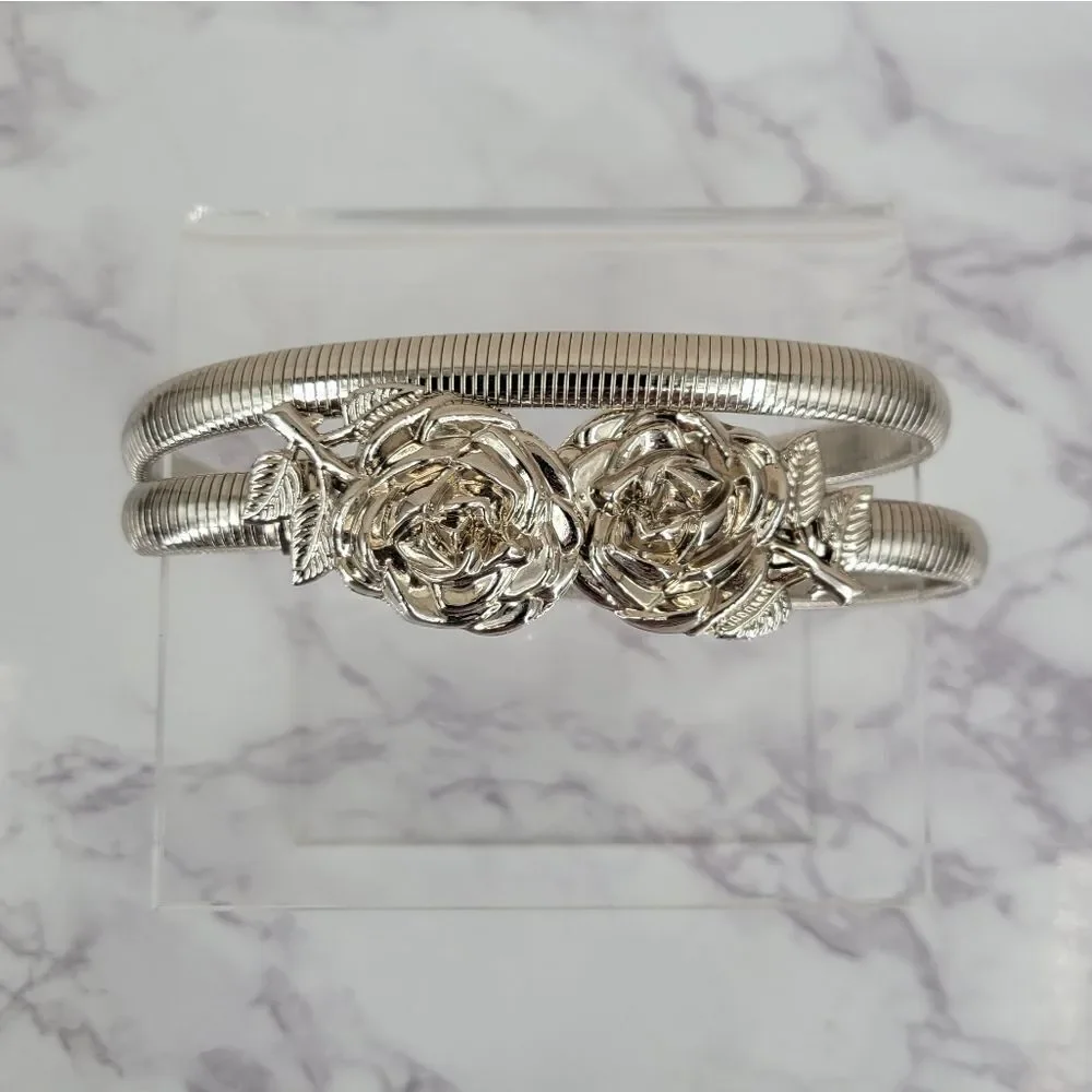 Vintage 80s Silver Toned Slinky Stretch Women's Belt with Rose Buckles Sleek